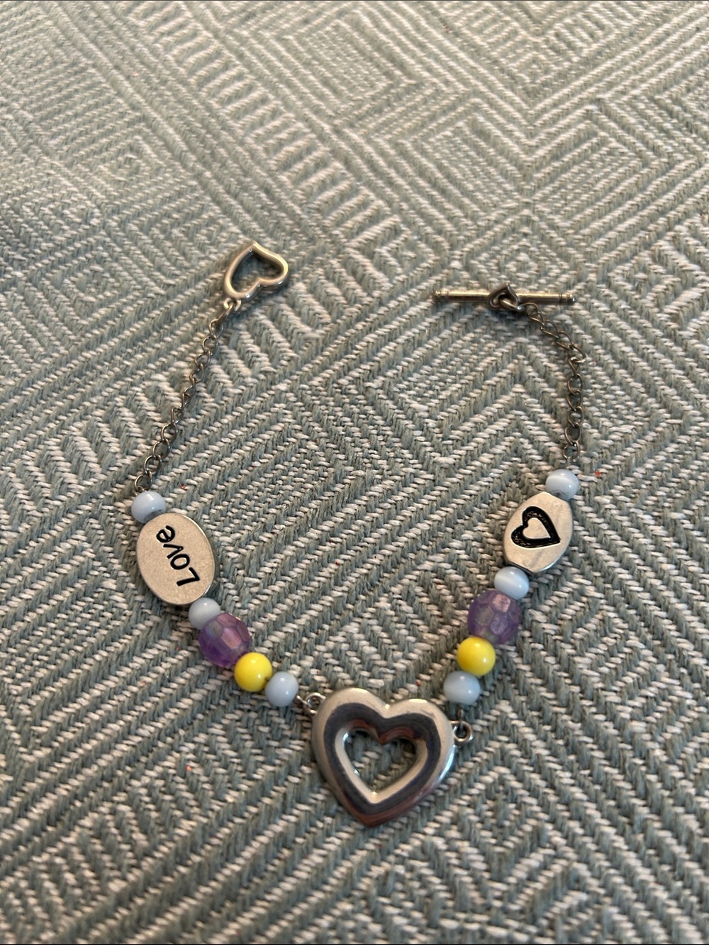Silver-Tone Heart Beaded Bracelet with Yellow & Purple Accents